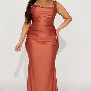 Rust Ruched Maxi Dress with Cowl Neck for Wedding Guest Curve